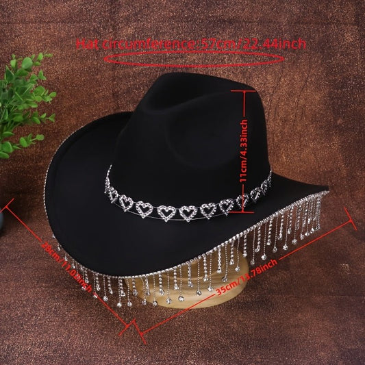 1pc Women'S Fashion Sparkling Teardrop Rhinestone Cowboy Hat - Sparkling Tassel Teardrop Rhinestone Design | Suitable for Weddings, Parties and Stage Performances - SS69