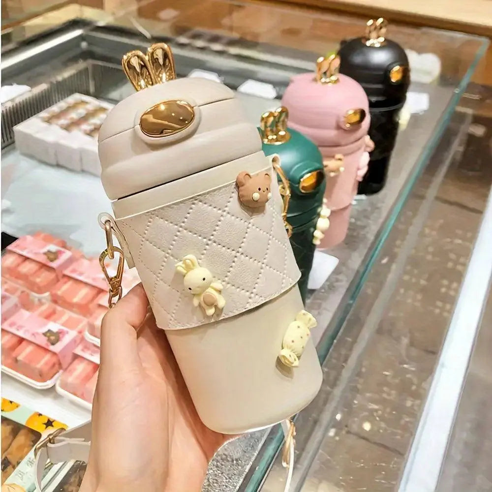 1pc, Cute Bunny Vacuum Flask With Chain, 480ml 304 Stainless Steel Insulated Water Bottles SS69