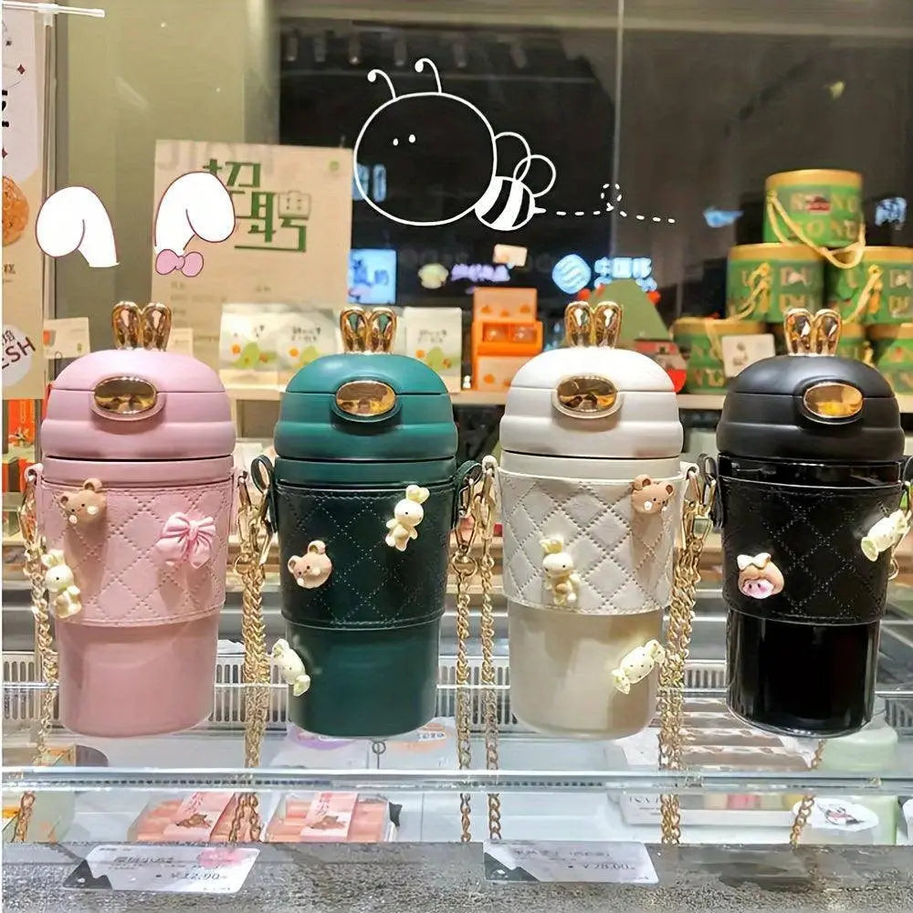 1pc, Cute Bunny Vacuum Flask With Chain, 480ml 304 Stainless Steel Insulated Water Bottles SS69