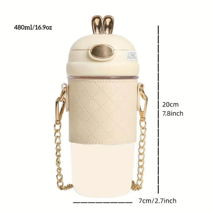 1pc, Cute Bunny Vacuum Flask With Chain, 480ml 304 Stainless Steel Insulated Water Bottles SS69