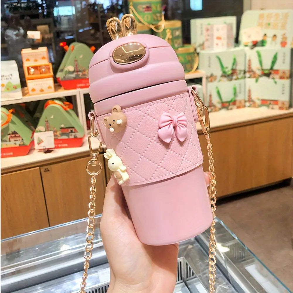 1pc, Cute Bunny Vacuum Flask With Chain, 480ml 304 Stainless Steel Insulated Water Bottles SS69