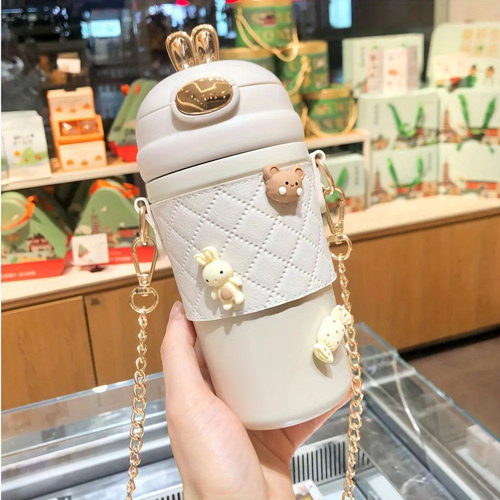 1pc, Cute Bunny Vacuum Flask With Chain, 480ml 304 Stainless Steel Insulated Water Bottles SS69