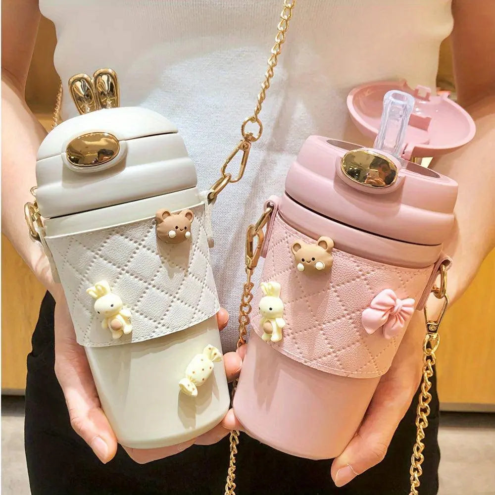 1pc, Cute Bunny Vacuum Flask With Chain, 480ml 304 Stainless Steel Insulated Water Bottles SS69