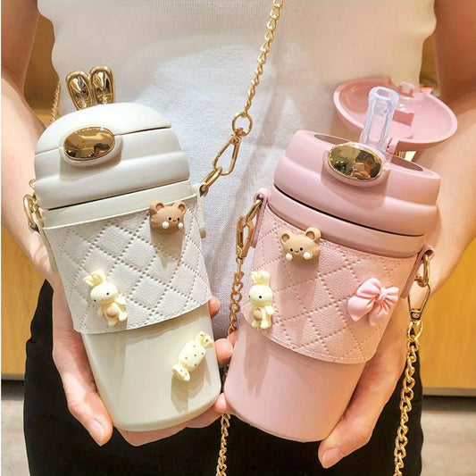 1pc, Cute Bunny Vacuum Flask With Chain, 480ml 304 Stainless Steel Insulated Water Bottles SS69