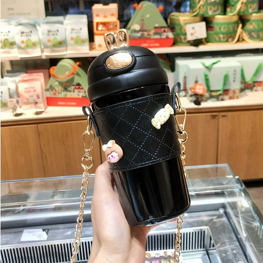 1pc, Cute Bunny Vacuum Flask With Chain, 480ml 304 Stainless Steel Insulated Water Bottles SS69