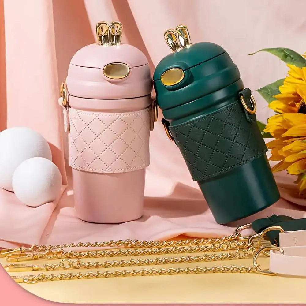 1pc, Cute Bunny Vacuum Flask With Chain, 480ml 304 Stainless Steel Insulated Water Bottles SS69