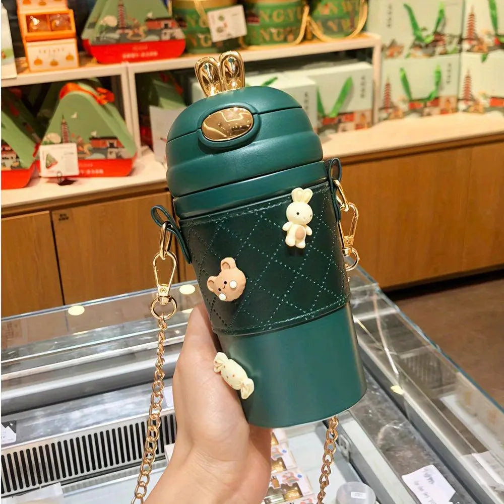 1pc, Cute Bunny Vacuum Flask With Chain, 480ml 304 Stainless Steel Insulated Water Bottles SS69