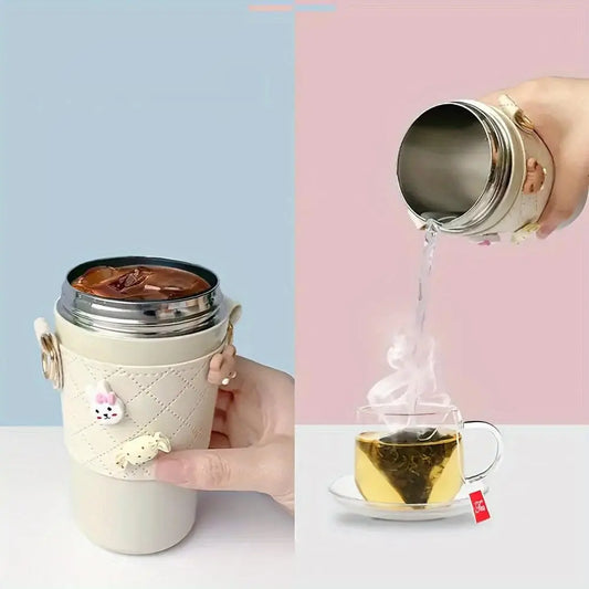 1pc, Cute Bunny Vacuum Flask With Chain, 480ml 304 Stainless Steel Insulated Water Bottles SS69