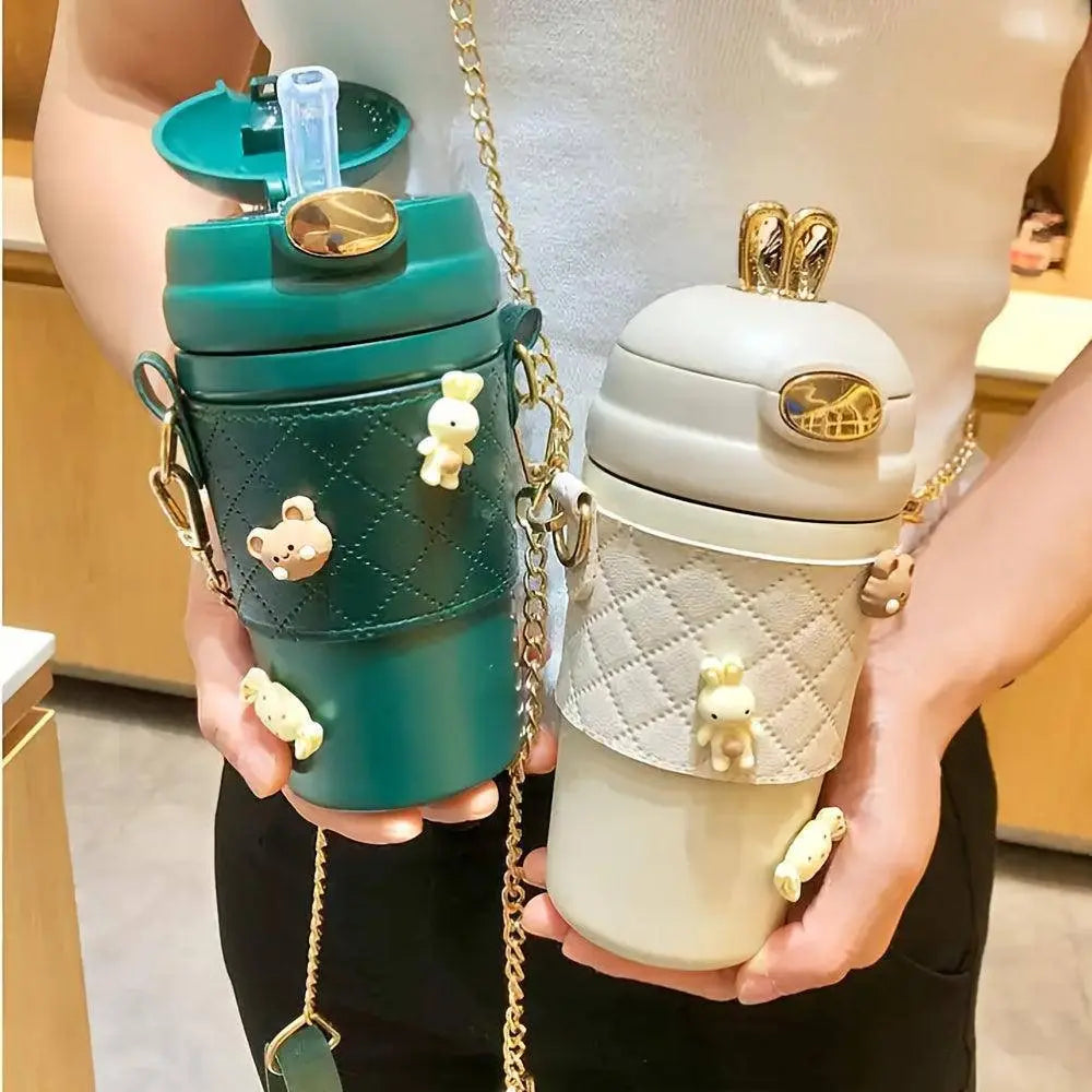1pc, Cute Bunny Vacuum Flask With Chain, 480ml 304 Stainless Steel Insulated Water Bottles SS69