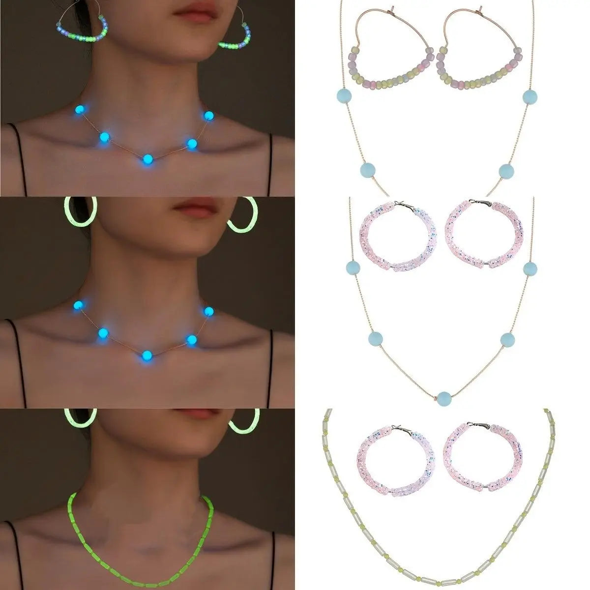 2/3pcs Earrings/ Earrings + Necklace Glowing Jewelry Set Made Of Luminous Beads Cute Heart Design Match Daily Outfits Party Accessories For Music Festival SS69