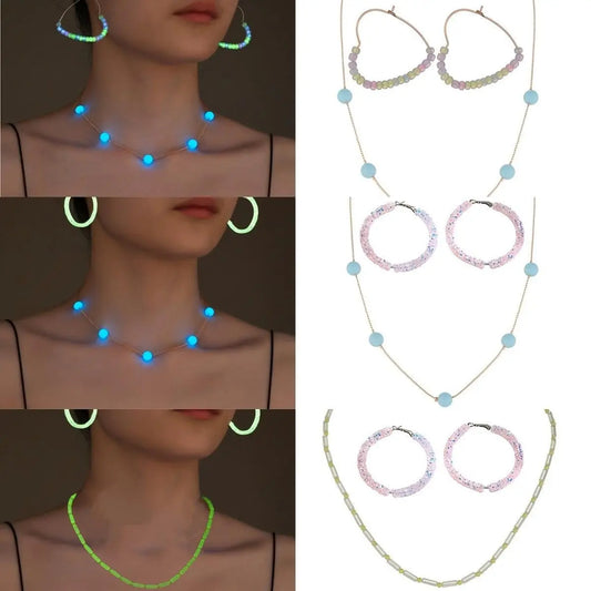 2/3pcs Earrings/ Earrings + Necklace Glowing Jewelry Set Made Of Luminous Beads Cute Heart Design Match Daily Outfits Party Accessories For Music Festival SS69