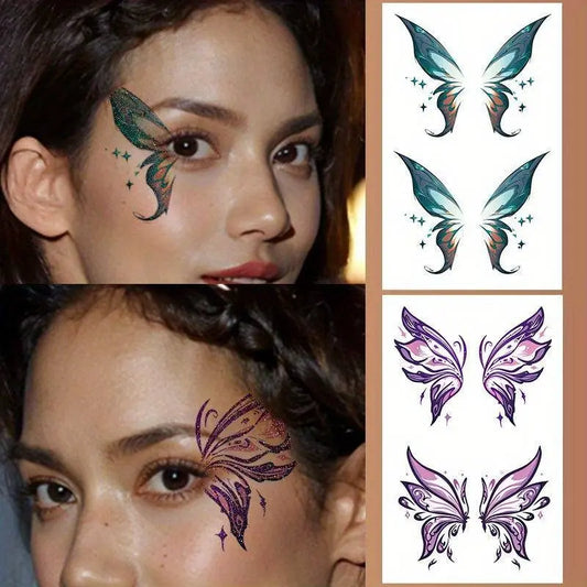 2-Pack Butterfly Sparkle Temporary Tattoos for Face and Body, Waterproof Sweatproof, Versatile Placement for Women - Ideal for Nightclubs, Bars, and Stage Performances SS69
