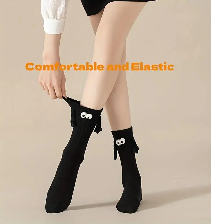 2 Pairs Hand In Hand Socks, Cute & Funny Cartoon 3D Eyes Decor Socks, Women's Stockings & Hosiery SS69
