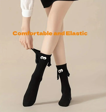 2 Pairs Hand In Hand Socks, Cute & Funny Cartoon 3D Eyes Decor Socks, Women's Stockings & Hosiery SS69
