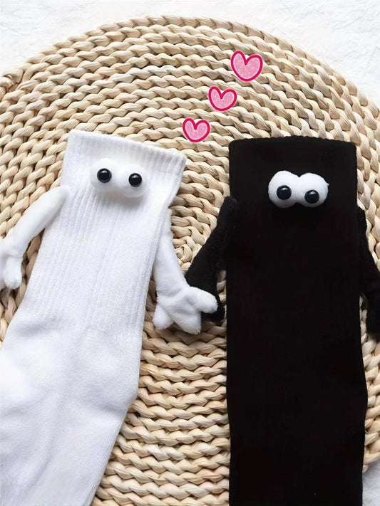 2 Pairs Hand In Hand Socks, Cute & Funny Cartoon 3D Eyes Decor Socks, Women's Stockings & Hosiery SS69