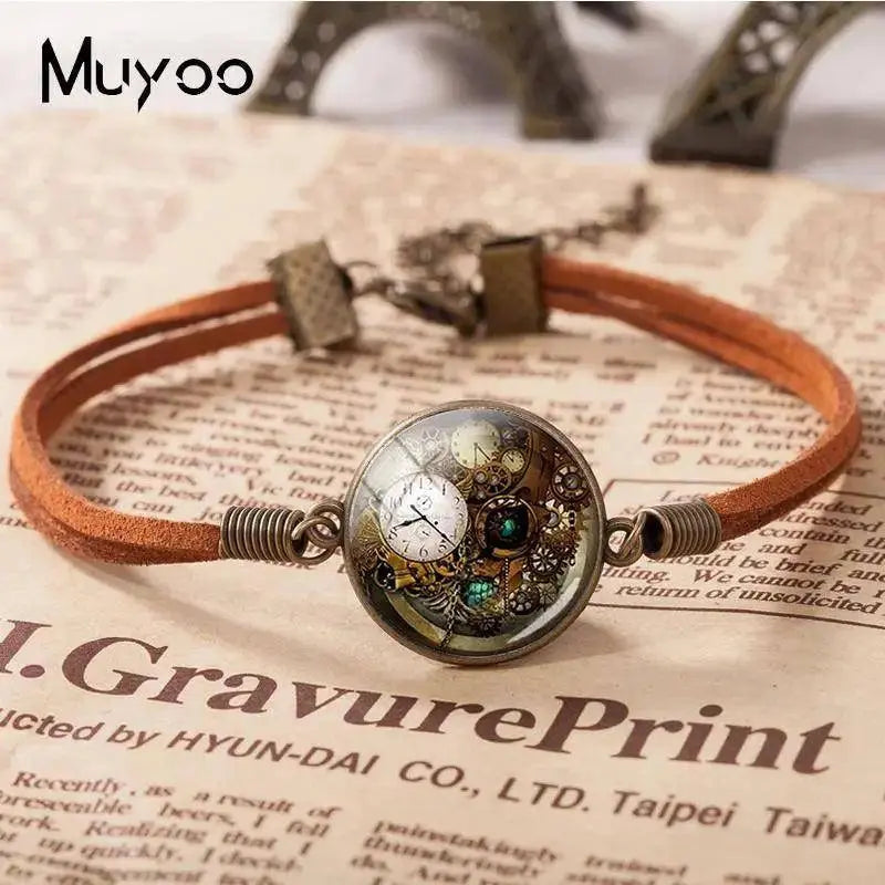 2018 New Steampunk Leather Bracelet Accessories Steampunk Clock Bracelets Round Hand Craft Glass Cabochon Jewelry SS69