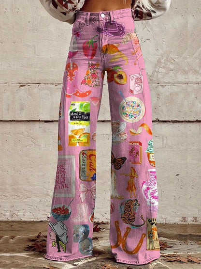 1 Pair of European And American Women'S Retro Style Denim High Waist Wide Trousers, Casual Style, Creative Printing, Suitable for Wearing in All Seasons Denim Women'S Trendy Trousers SS69