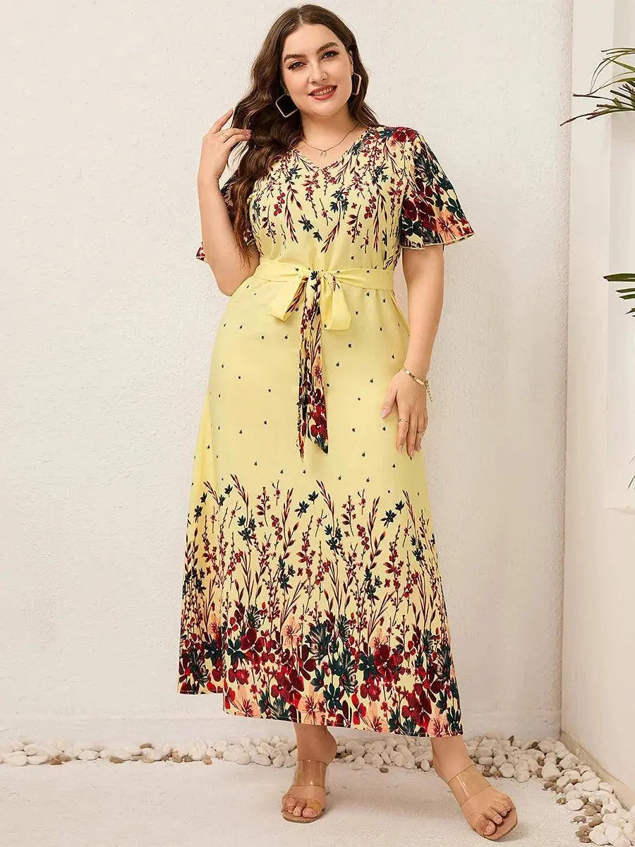 2022 Women Summer Long Dress V Neck Short Sleeve Floral Print Boho Beach Dress Curvy Woman Plus Size Women Clothing SS69