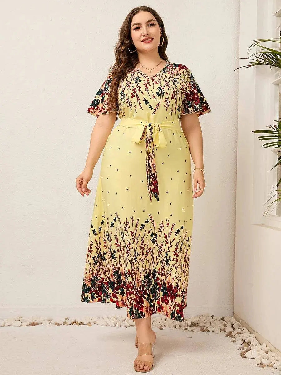 2022 Women Summer Long Dress V Neck Short Sleeve Floral Print Boho Beach Dress Curvy Woman Plus Size Women Clothing SS69