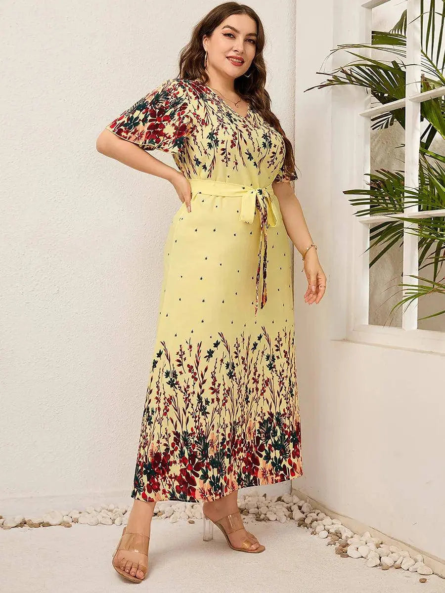 2022 Women Summer Long Dress V Neck Short Sleeve Floral Print Boho Beach Dress Curvy Woman Plus Size Women Clothing SS69