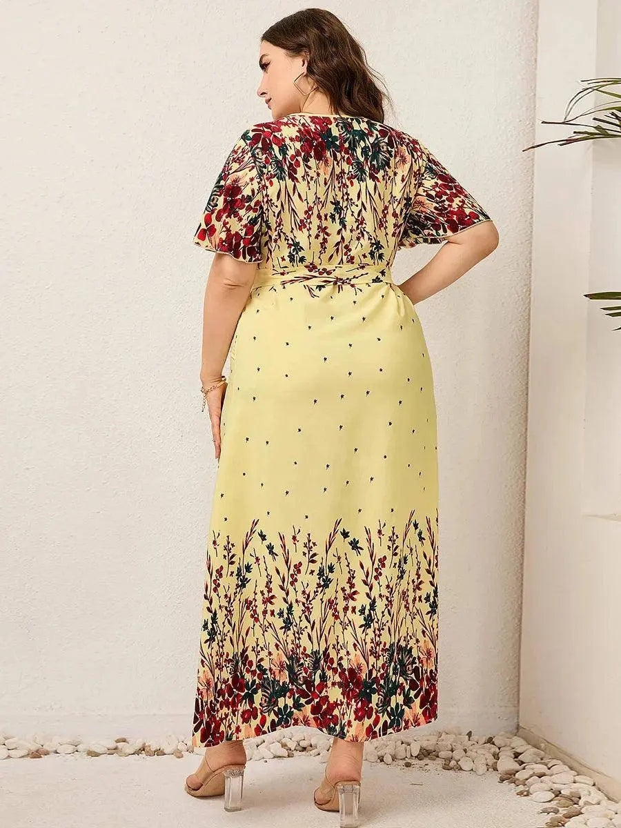 2022 Women Summer Long Dress V Neck Short Sleeve Floral Print Boho Beach Dress Curvy Woman Plus Size Women Clothing SS69