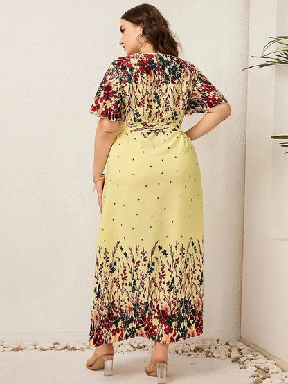 2022 Women Summer Long Dress V Neck Short Sleeve Floral Print Boho Beach Dress Curvy Woman Plus Size Women Clothing SS69