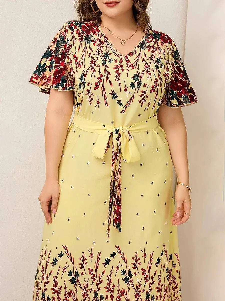 2022 Women Summer Long Dress V Neck Short Sleeve Floral Print Boho Beach Dress Curvy Woman Plus Size Women Clothing SS69