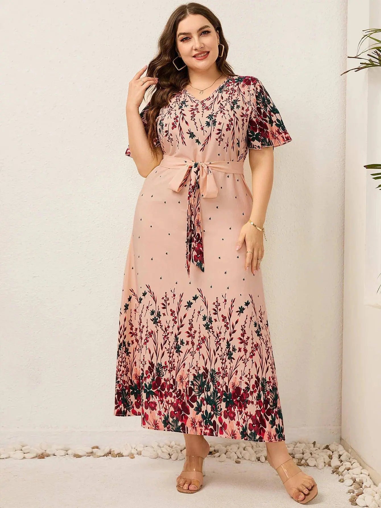2022 Women Summer Long Dress V Neck Short Sleeve Floral Print Boho Beach Dress Curvy Woman Plus Size Women Clothing SS69
