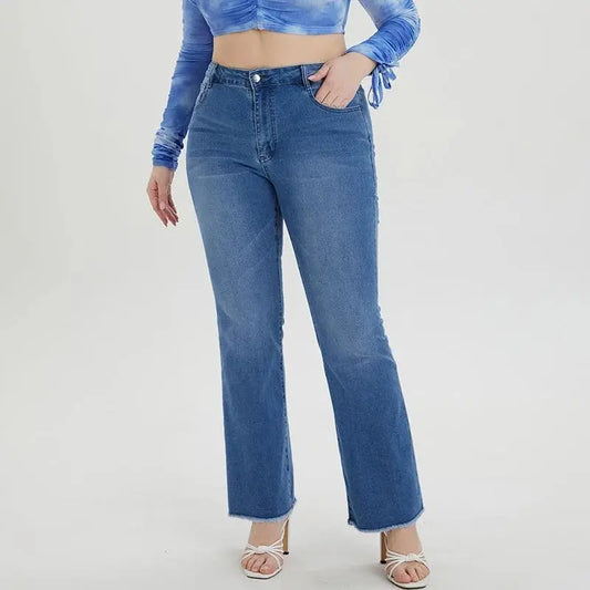 2023 Spring Plus Size Ligh Blue Jeans for Women Curvy Stretchy Women Jeans 100kgs Ladies Denim Women Flared Pant Full Lengt Jean SS69 102.69 Light Blue W2241 / XL(60-70kgs)