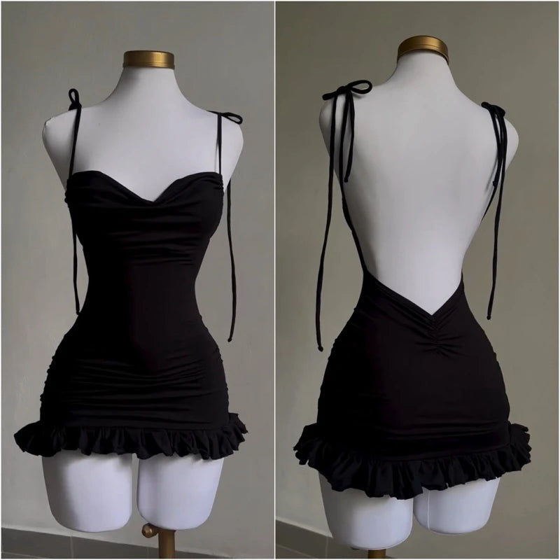 2024 European and American New High end Y2K Sexy Open Back Lace up Slim Fit Spicy Girl Short Skirt SS69