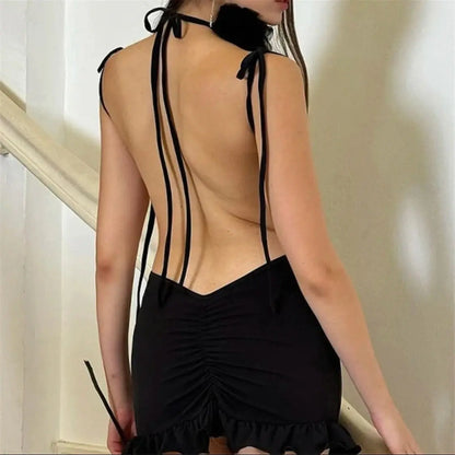 2024 European and American New High end Y2K Sexy Open Back Lace up Slim Fit Spicy Girl Short Skirt SS69