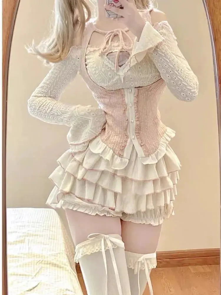 2024 Summer Sweet 3 Piece Set Women Party Sexy Y2k Crop Top + Office Lady Casual Mini Skirt + Elegant Slim Vest Korean Fashion SS69