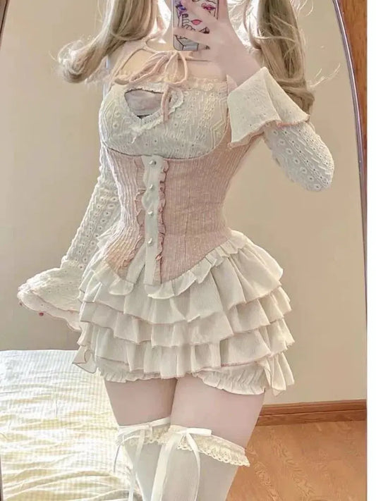 2024 Summer Sweet 3 Piece Set Women Party Sexy Y2k Crop Top + Office Lady Casual Mini Skirt + Elegant Slim Vest Korean Fashion SS69