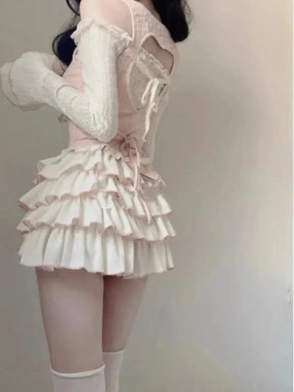 2024 Summer Sweet 3 Piece Set Women Party Sexy Y2k Crop Top + Office Lady Casual Mini Skirt + Elegant Slim Vest Korean Fashion SS69