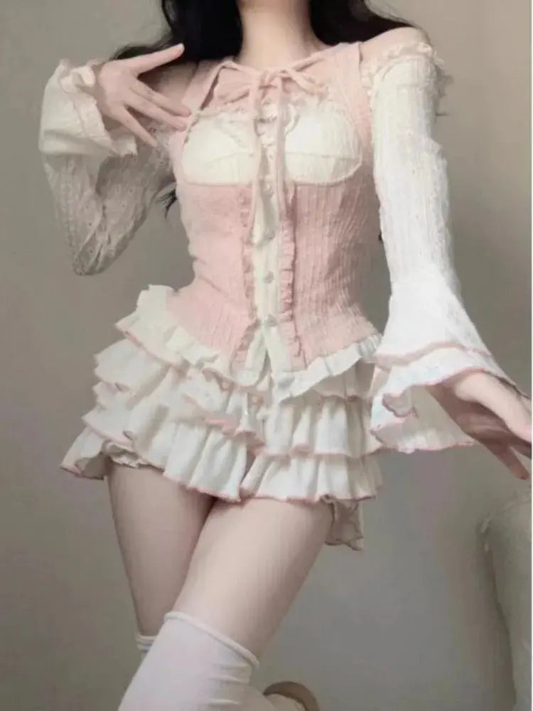 2024 Summer Sweet 3 Piece Set Women Party Sexy Y2k Crop Top + Office Lady Casual Mini Skirt + Elegant Slim Vest Korean Fashion SS69