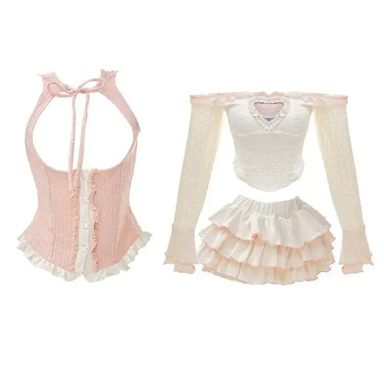 2024 Summer Sweet 3 Piece Set Women Party Sexy Y2k Crop Top + Office Lady Casual Mini Skirt + Elegant Slim Vest Korean Fashion SS69 40.69 3 Piece Set / XS