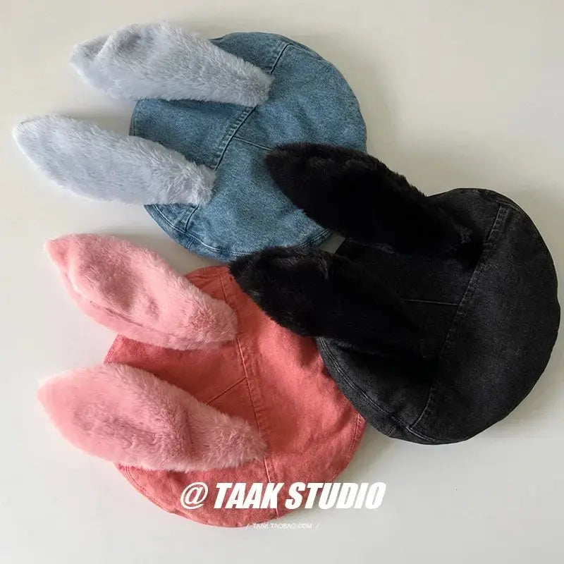2025 Cute bunny ear berets for women denim painter hat women's autumn winter ins student cartoon newsboy hat new style - SS69