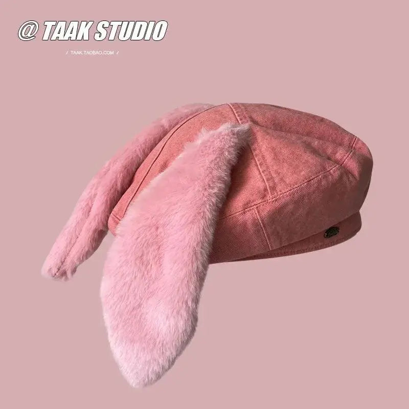 2025 Cute bunny ear berets for women denim painter hat women's autumn winter ins student cartoon newsboy hat new style - SS69