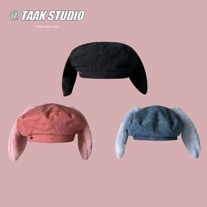2025 Cute bunny ear berets for women denim painter hat women's autumn winter ins student cartoon newsboy hat new style - SS69