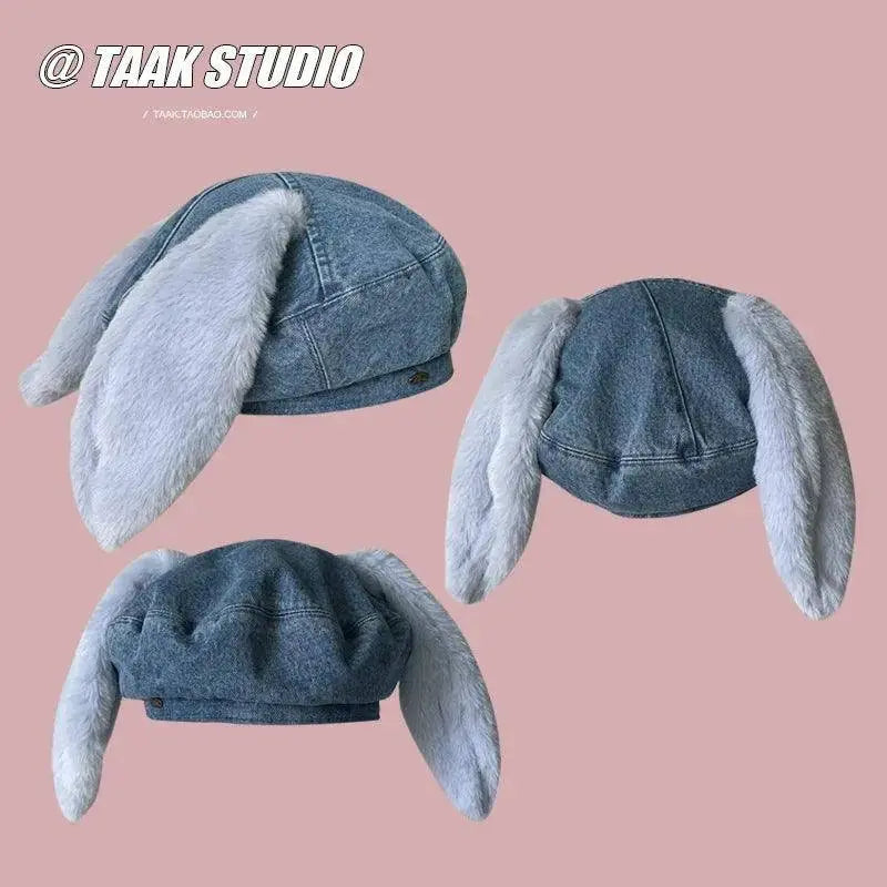 2025 Cute bunny ear berets for women denim painter hat women's autumn winter ins student cartoon newsboy hat new style - SS69