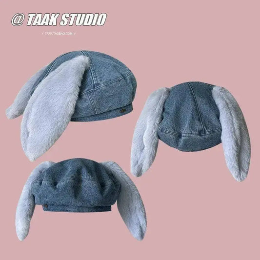 2025 Cute bunny ear berets for women denim painter hat women's autumn winter ins student cartoon newsboy hat new style - SS69