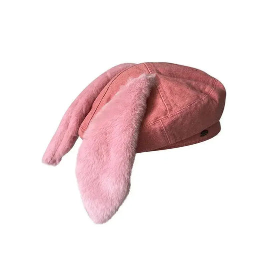 2025 Cute bunny ear berets for women denim painter hat women's autumn winter ins student cartoon newsboy hat new style - SS69