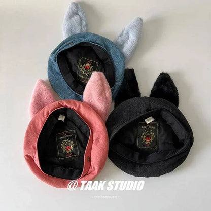 2025 Cute bunny ear berets for women denim painter hat women's autumn winter ins student cartoon newsboy hat new style - SS69