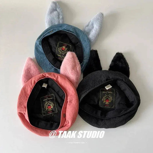 2025 Cute bunny ear berets for women denim painter hat women's autumn winter ins student cartoon newsboy hat new style - SS69