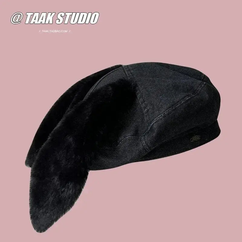 2025 Cute bunny ear berets for women denim painter hat women's autumn winter ins student cartoon newsboy hat new style - SS69