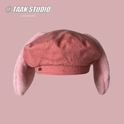 2025 Cute bunny ear berets for women denim painter hat women's autumn winter ins student cartoon newsboy hat new style - SS69