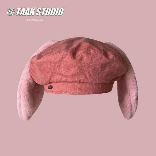 2025 Cute bunny ear berets for women denim painter hat women's autumn winter ins student cartoon newsboy hat new style - SS69