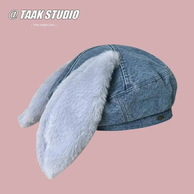 2025 Cute bunny ear berets for women denim painter hat women's autumn winter ins student cartoon newsboy hat new style - SS69