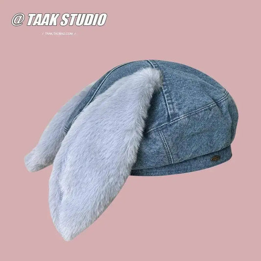 2025 Cute bunny ear berets for women denim painter hat women's autumn winter ins student cartoon newsboy hat new style - SS69