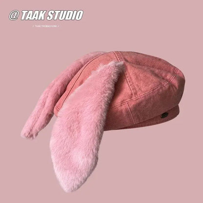 2025 Cute bunny ear berets for women denim painter hat women's autumn winter ins student cartoon newsboy hat new style - SS69